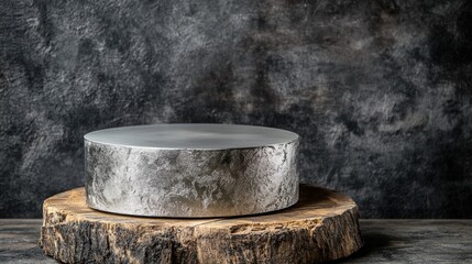 Fototapeta premium A silver cylinder on a wooden tree stump against a dark backdrop