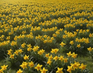 Fototapeta premium A carpet of cheerful yellow daffodils blankets a verdant field bathed in sunlight , floral display, sun, green grass