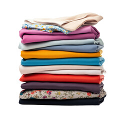 A colorful stack of folded clothing of various textures. The layers display a variety of tones