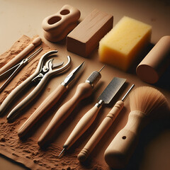 Flat Lay of Wood Carving Tools and Materials for Handcrafting