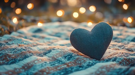 A soft heart rests on a cozy textured blanket background