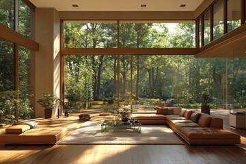 Fototapeta premium Spacious modern interior with forest views.