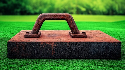 Rusty metal weight resting on vibrant green grass under a clear sky, symbolizing strength and endurance