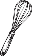 Hand-drawn kitchen whisk illustration with vintage charm, perfect for baking, cooking, and kitchen-themed artworks or icons