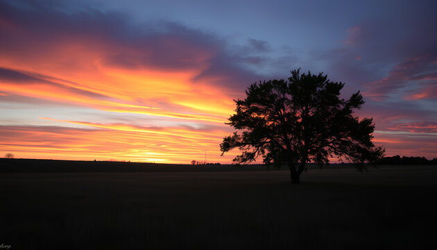 Lone tree standing in a grassy field under a sky painted with layered clouds during a fiery sunset 2