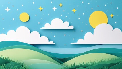 Paper art landscape depicting a sun, moon, clouds, and rolling hills under a starry sky