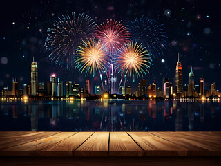 Fototapeta premium Colorful Fireworks Over City Skyline at Night with Reflections on Water and Wooden Deck – ai