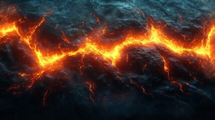 Fototapeta premium Molten lava flowing over dark volcanic rock. Fiery rivers carving through rugged terrain