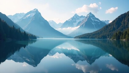 Misty mountain range, serene lake reflects peaks , peak, lake, nature