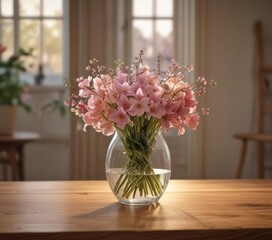 Spring blooms in glass vase, warm lamplight illuminates wooden table ,  bright,  nature,  wood