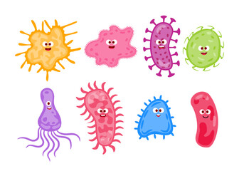Set of colorful cute virus and bacteria character cartoon emoticon collection, bacterial infection or illness in microbiology, germ and infections, Microbe, pathogen, organism emotions illustration.