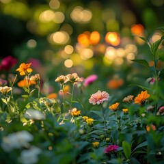 Fototapeta premium Colorful garden flowers bathed in warm sunlight with blurred background