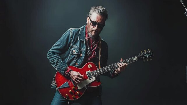 A old man musician playing a red electric guitar, dressed in a denim jacket and sunglasses, with a dark, moody background