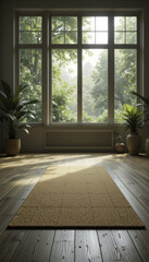Fototapeta premium sunlit room with large windows showcases cozy yellow rug on wooden flooring, surrounded by lush green potted plants, creating serene and inviting atmosphere