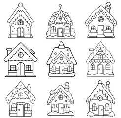 Cute vector illustration Christmas house line art illustration. Coloring book page for kids