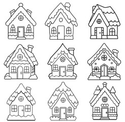Cute vector illustration Christmas house line art illustration. Coloring book page for kids