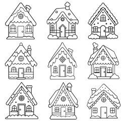 Cute vector illustration Christmas house line art illustration. Coloring book page for kids