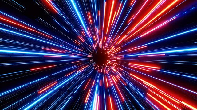 Fast paced 3D hyperspace effect showing animated red blue glowing energy lines streaking high speed vibrant digital tunnel