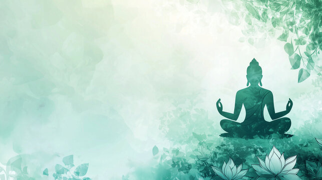 Elegant Teal Mahavir Jayanti Banner With Meditating Buddha Silhouette And Abstract Cloud Background For Spiritual Poster And Religious Festival Celebration