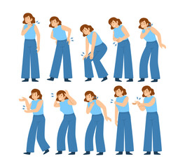 Obraz premium Set of young woman symptoms pose gesture with pain set collection. Back, biceps, chest, elbow, headache, knee, neck, shoulder, stomach, wrist. Disease sick or disorder, illness gesture illustration.