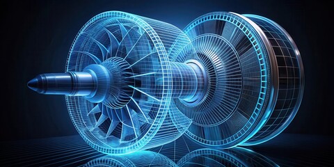 Detailed wireframe model of a rotating fan turbine with intricate details and reflections, rendered in a futuristic holographic style , hologram wireframe, rendering