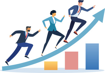 Business Success Concept. Vector cartoon illustration of a group of diverse people in business suits running up a rising graph. isolated on a white background.