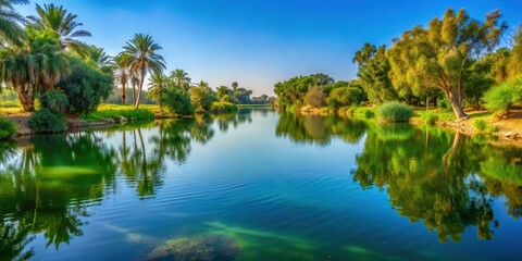 Obraz premium Serene lake scene at Beer Sheva with vibrant water reflections and lush greenery surrounding it, capturing the perfect moment of tranquility, natural beauty, lake