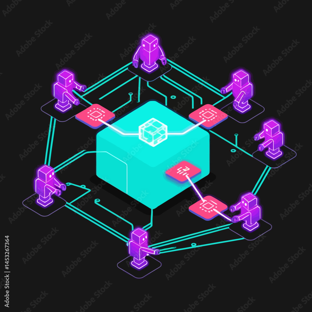 Poster futuristic robots connecting to data center in digital network