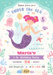 cute mermaid birthday party invitation vertical card ,  under the sea, decoration, gift, vector illustration