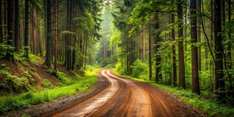 Obraz premium Dirt road winding through dense forest, terrain, environment, terrain, environment, scenery, foliage, dirt road, trees, wilderness