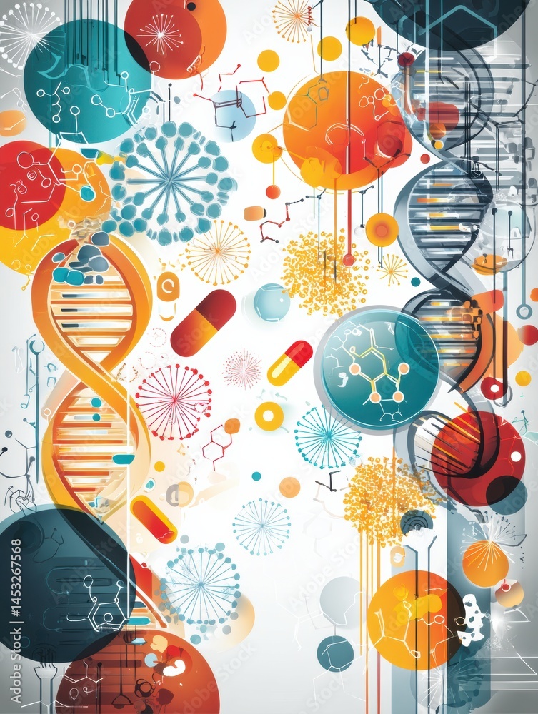 Aufkleber colorful abstract science-themed background featuring dna strands, pills, and various bacteria icons