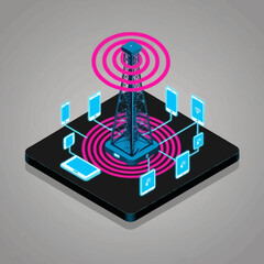 Isometric Illustration of a Cell Tower with Connected Smartphones