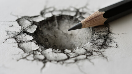 A graphite pencil rests on white paper beside an intricate anamorphic sketch of a cracked, jagged sinkhole - Generative AI
