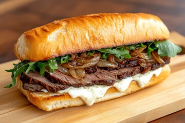 Delicious sandwich with roasted beef, caramelized onions, and creamy sauce
