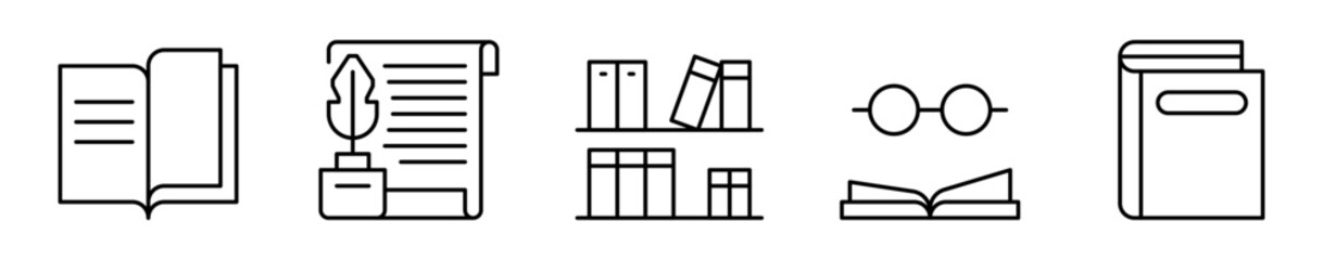 Conjunto de iconos de literatura. Libro, pluma, lectura, estante, lentes de lectura. Ilustración vectorial