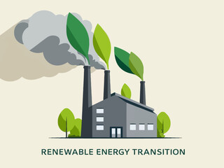Illustration of a Factory with Green Leaves Symbolizing Renewable Energy