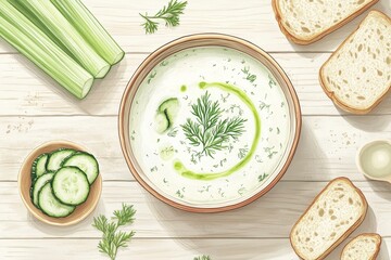 Creamy Cucumber Dill Soup with Celery and Bread on White Wooden Table