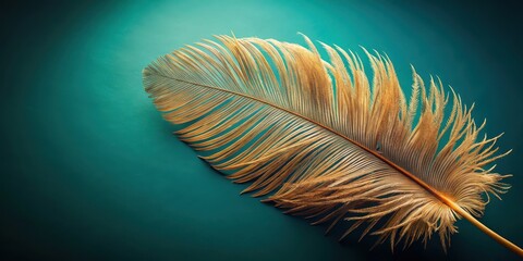 A lone ostrich feather with intricate patterns on the teal background, set against a warm gold tone, showcasing its vibrant colors and texture , nature, feathers