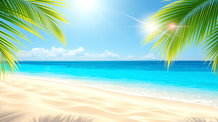 Obraz premium Idyllic Tropical Beach Scene with Palm Fronds and Sunny Sky