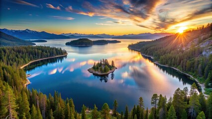Fototapeta premium Aerial panoramic view of Emerald Bay and Cascade Lake landscape during morning sunrise alpenglow, serene outdoor scene, morning light effects