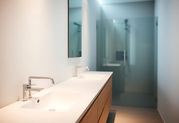 bathroom with two sinks and a shower