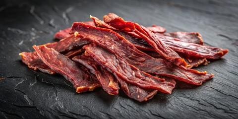 Dried beef strips on dark surface , snack food image, dried meat,  snack food image, dried meat