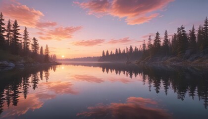 Fototapeta premium Pastel sunset over glassy lake, mirroring colors, serene, rays