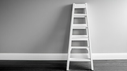 A white wooden step ladder leaning against a plain grey wall
