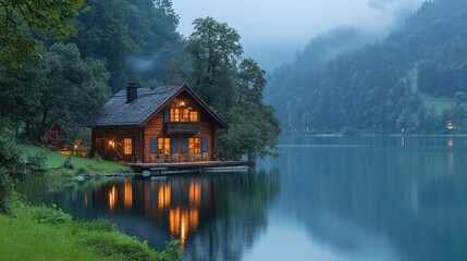 Obraz premium Lakeside cabin at dusk. Tranquil, wooden chalet reflecting on still lake water, nestled in a serene mountain valley. Warm, inviting interior lights illuminate the cabin