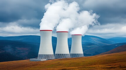 Three large cooling towers emit steam at a nuclear power plant set against a hilly, cloudy landscape.