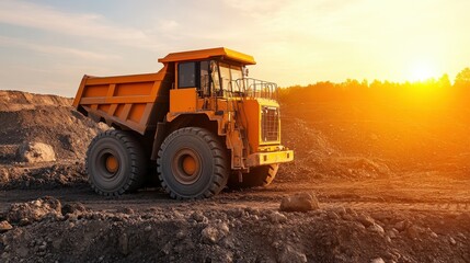 Fototapeta premium A large yellow dump truck operates at a mining site during sunset, surrounded by dirt and industrial landscape.