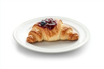 Golden Brown Croissant with Red Berry Jam and Blueberry on White Plate