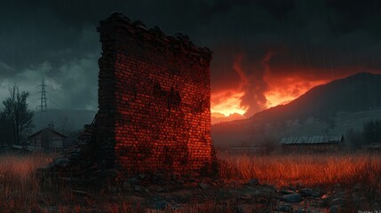 Ruined brick wall, ominous sunset