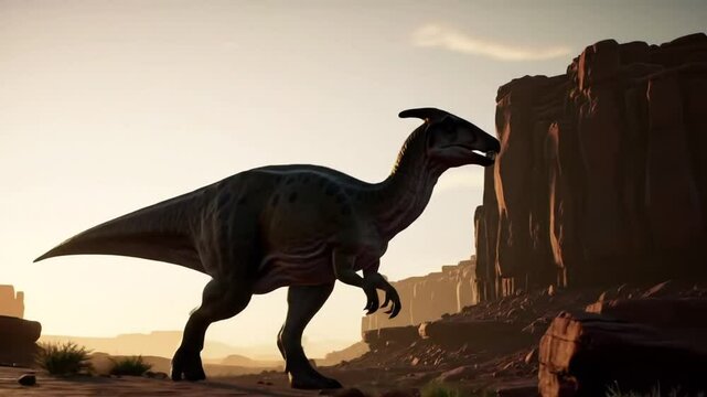 Crested Dinosaur Silhouette: Desert Landscape, Prehistoric Era.